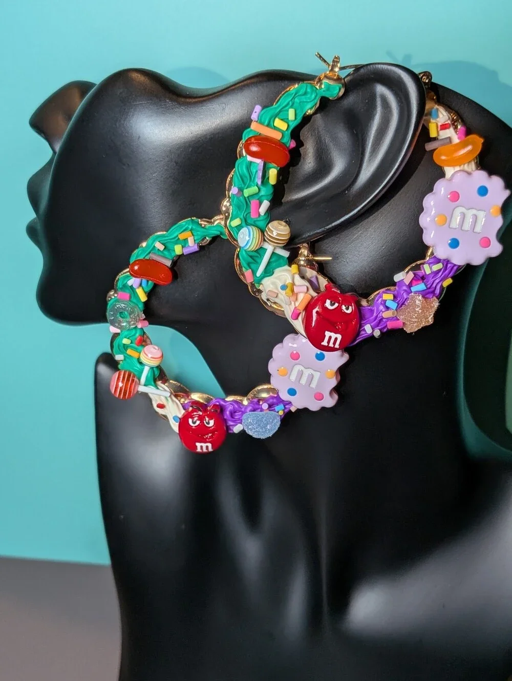 Hand Crafted Decoden Multicolor Candy Hoop Earrings -Green & Purple & Red & Pink